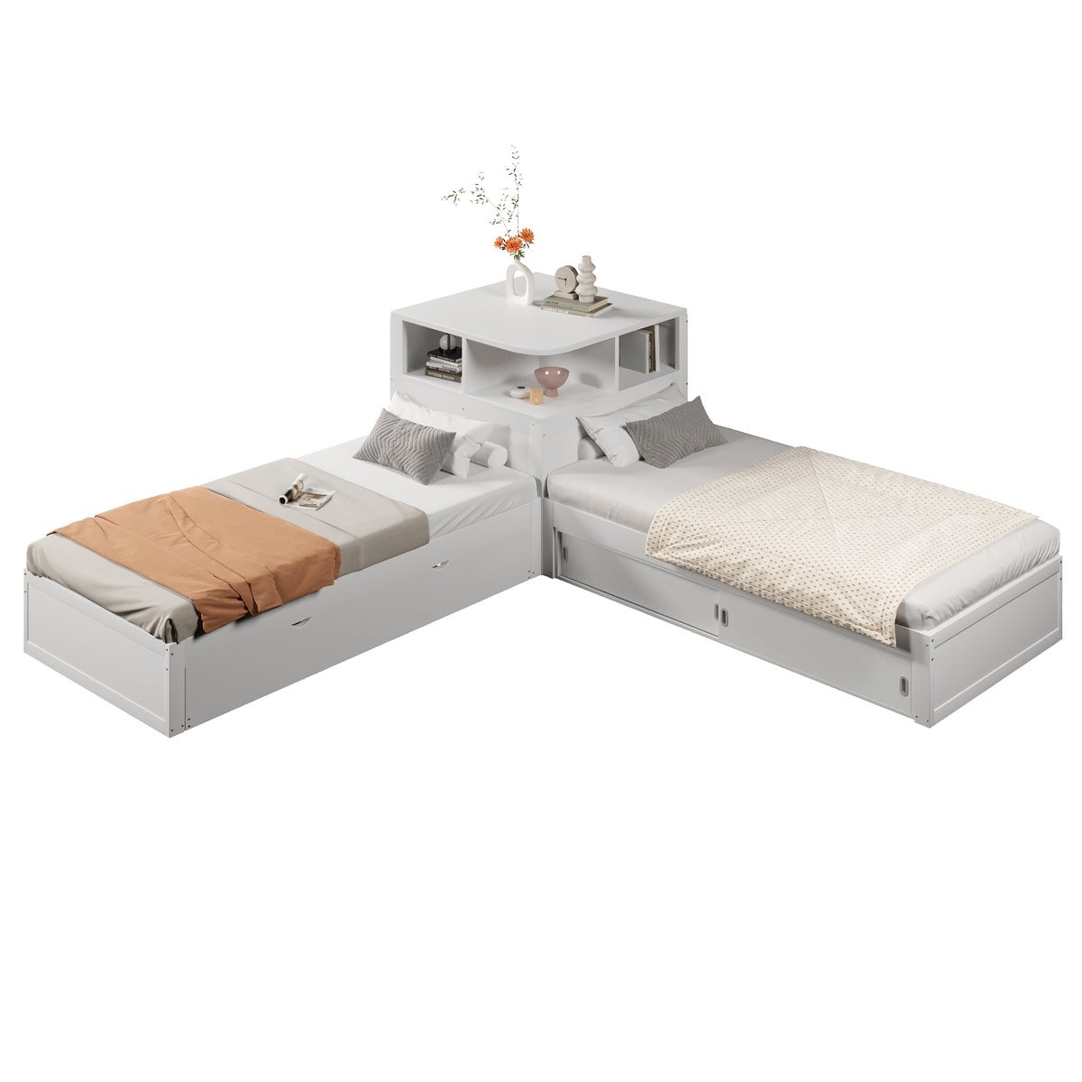 90x200 L-Shaped Platform Bed with Trundle & Storage, White