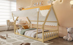 Wooden Bed, Children's Single with Removable Tent & Safety Railing, Pine + Plywood, Natural