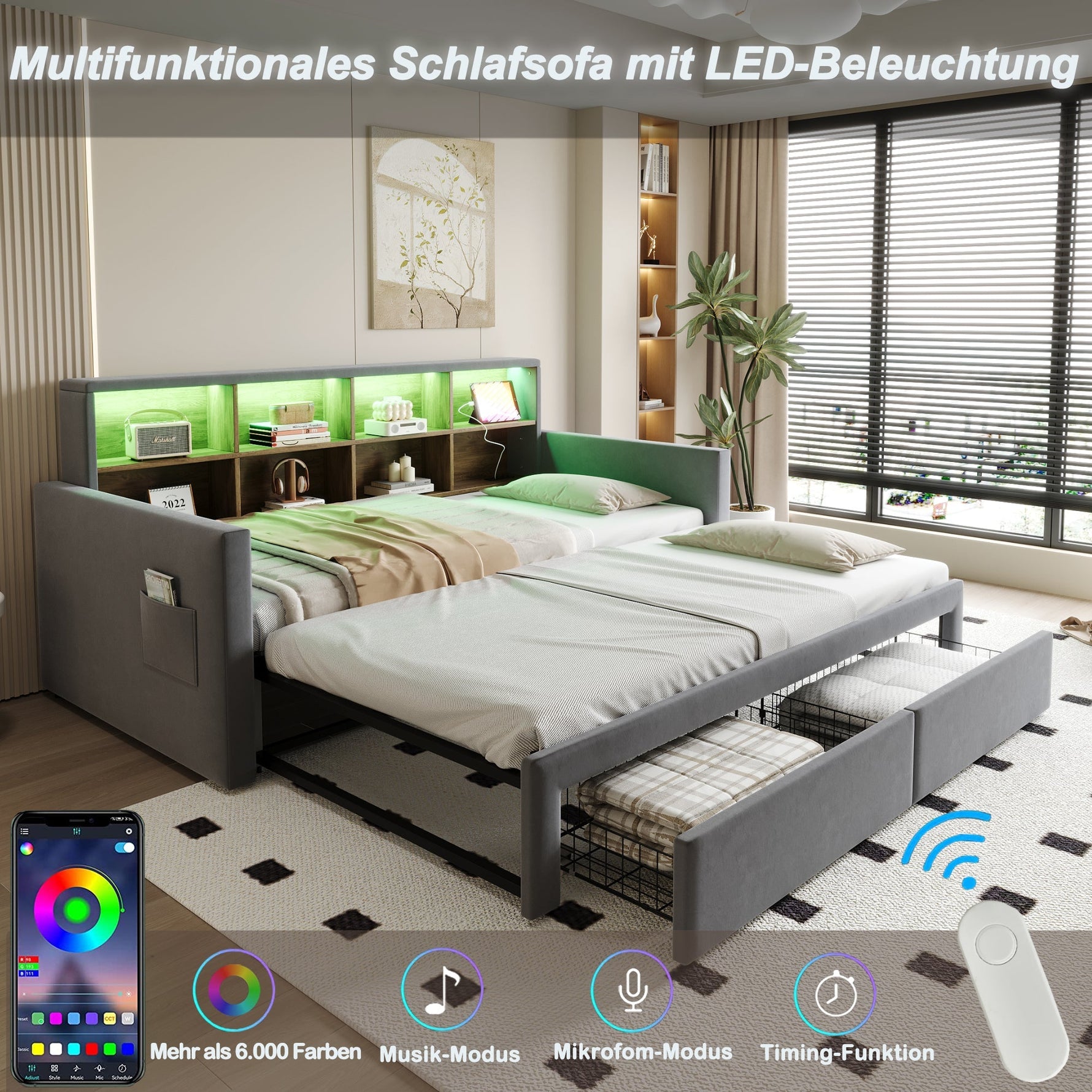Extendable Upholstered Sofa Bed with Storage Headboard, LED Lights and Charging Ports, Dark Grey Velvet