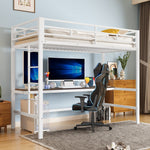 Loft Bed with Desk, USB Ports and LED Light Strip, White Metal