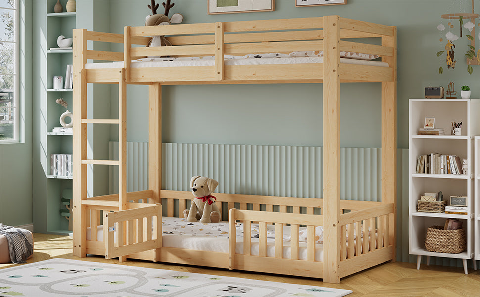 Wooden Bunk Bed 90x200cm with Stairs & Railing, Natural Pine Wood