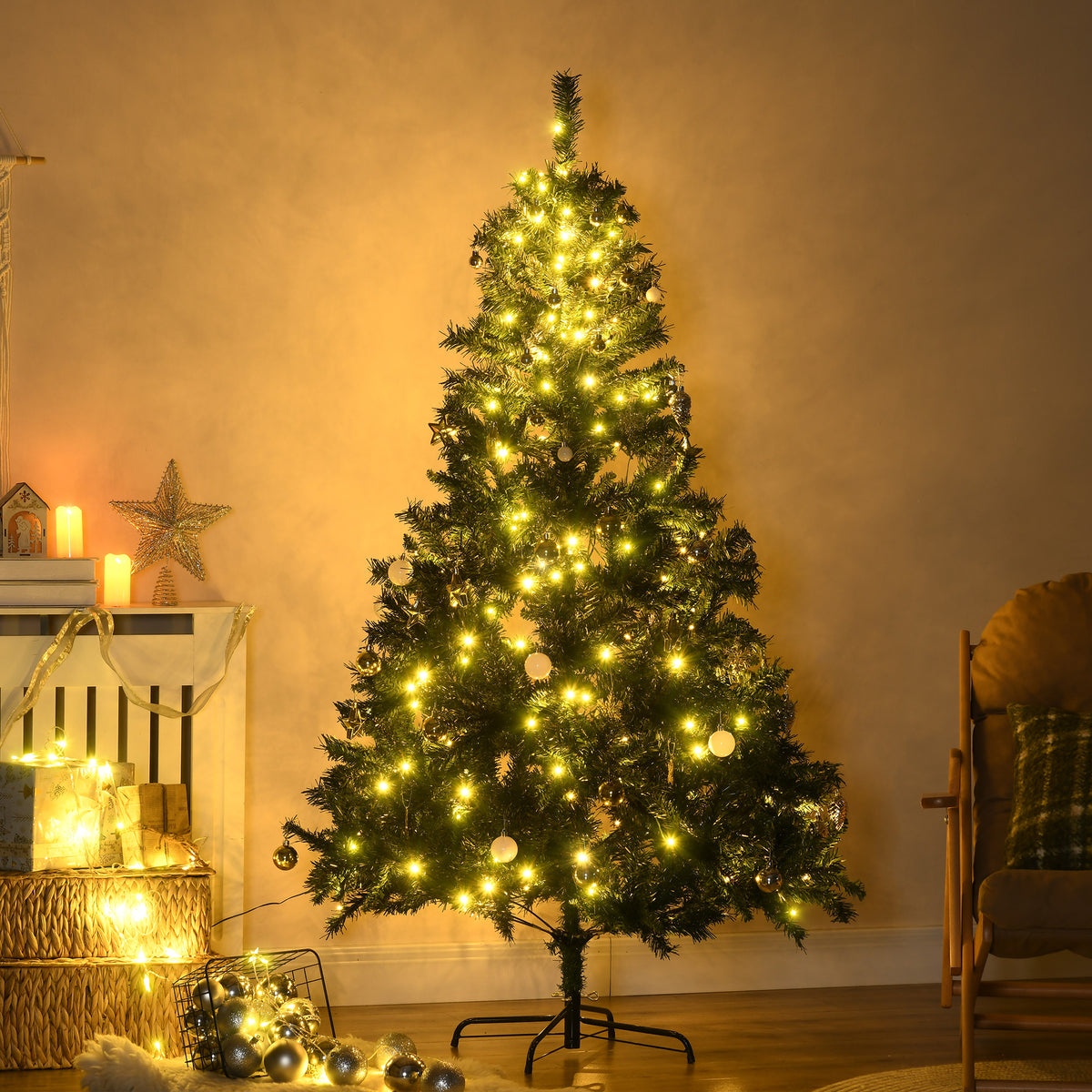 Artificial Christmas Tree 180cm with LED Lights & Baubles - Green