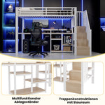 Loft Bed 90x200cm with Ladder Storage & LED, White Metal Frame