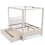 Upholstered Four-Poster Bed 140x200cm, 3 Drawers & LED, Beige