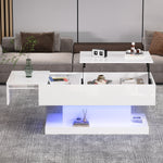 High-gloss Lift-up Tea Table, LED Coffee Table, 100x50x45 cm with Storage, White