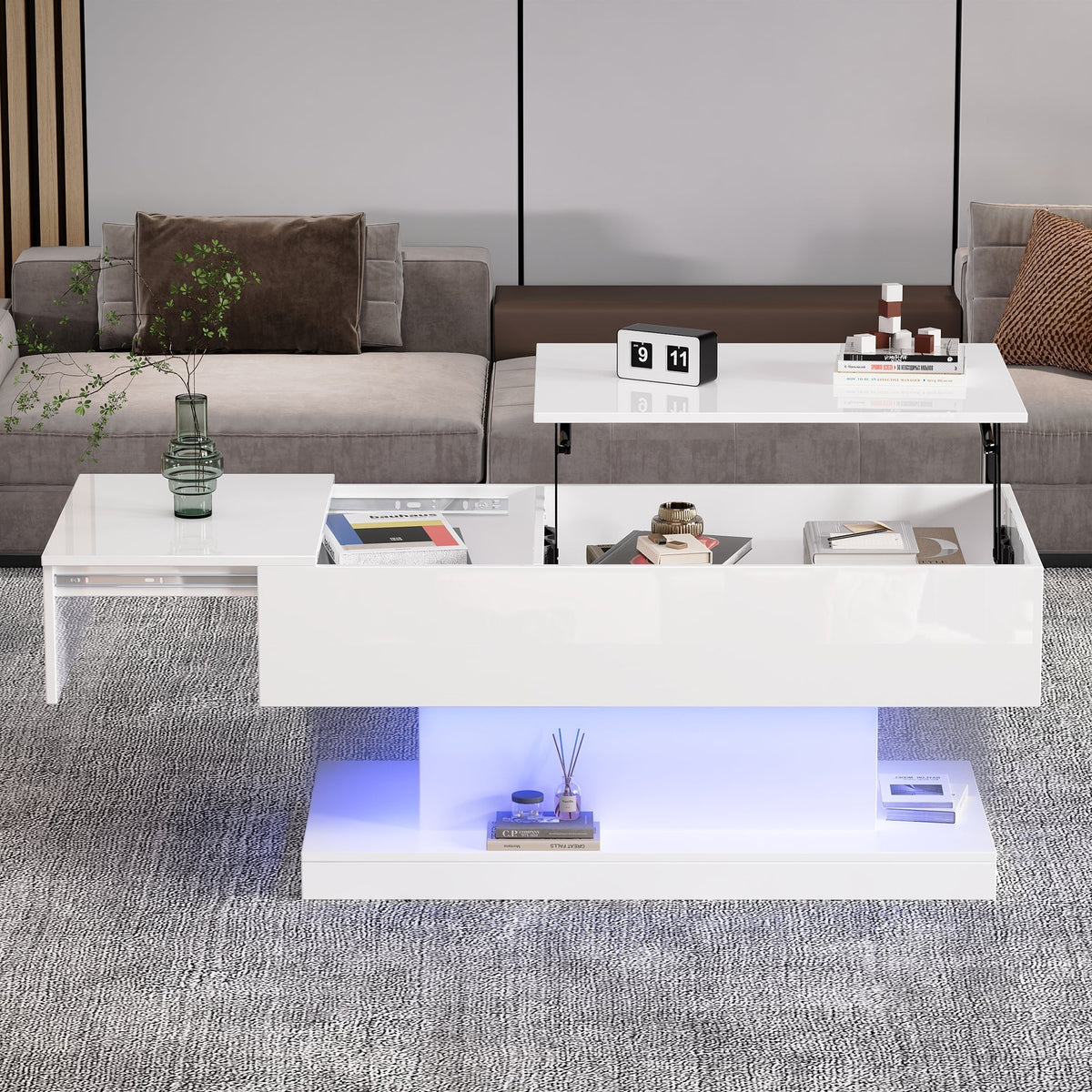 High-gloss Lift-up Tea Table, LED Coffee Table, 100x50x45 cm with Storage, White