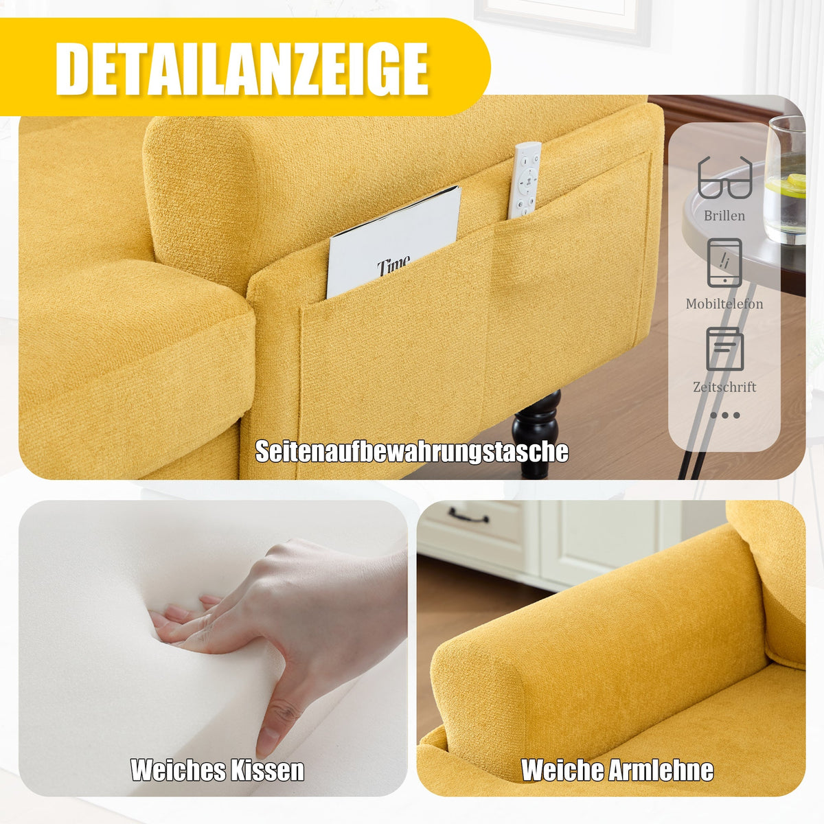 Single Sofa Lounger with Side Pockets and Wooden Legs, Chenille Fabric