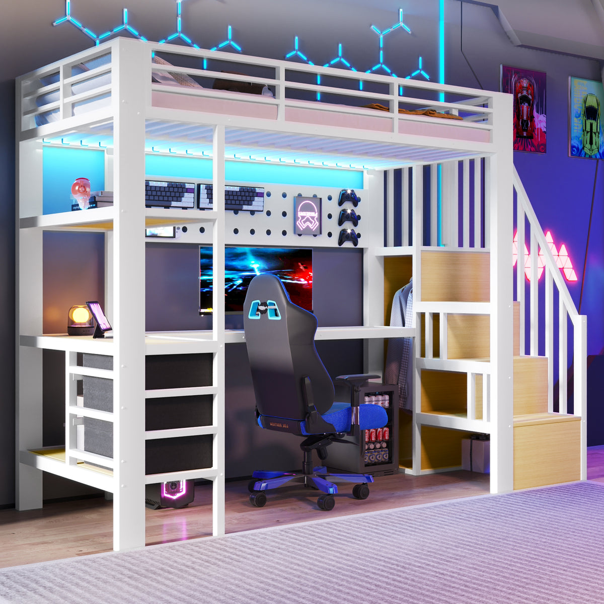 Loft Bed 90x200cm with Desk, Drawer & LED - White Metal