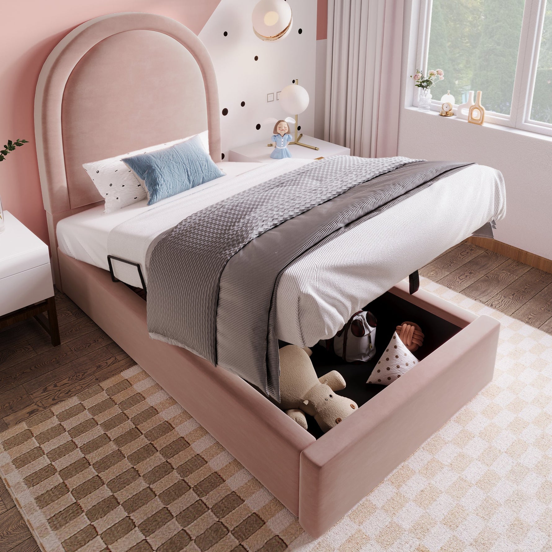 Children's Bed, Single 90 x 190 cm, Pink Velvet