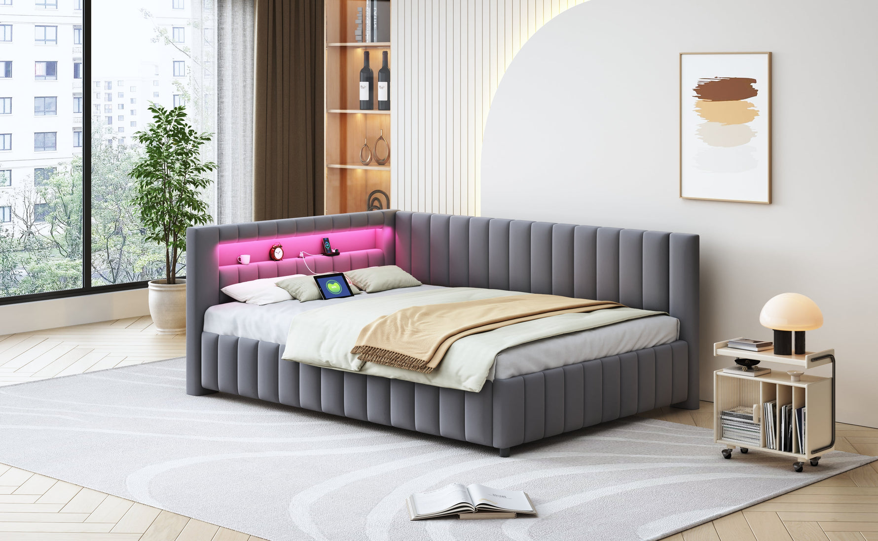 Upholstered Bed/Sofa Bed 140x200 LED Light USB Port Velvet Fabric, Grey