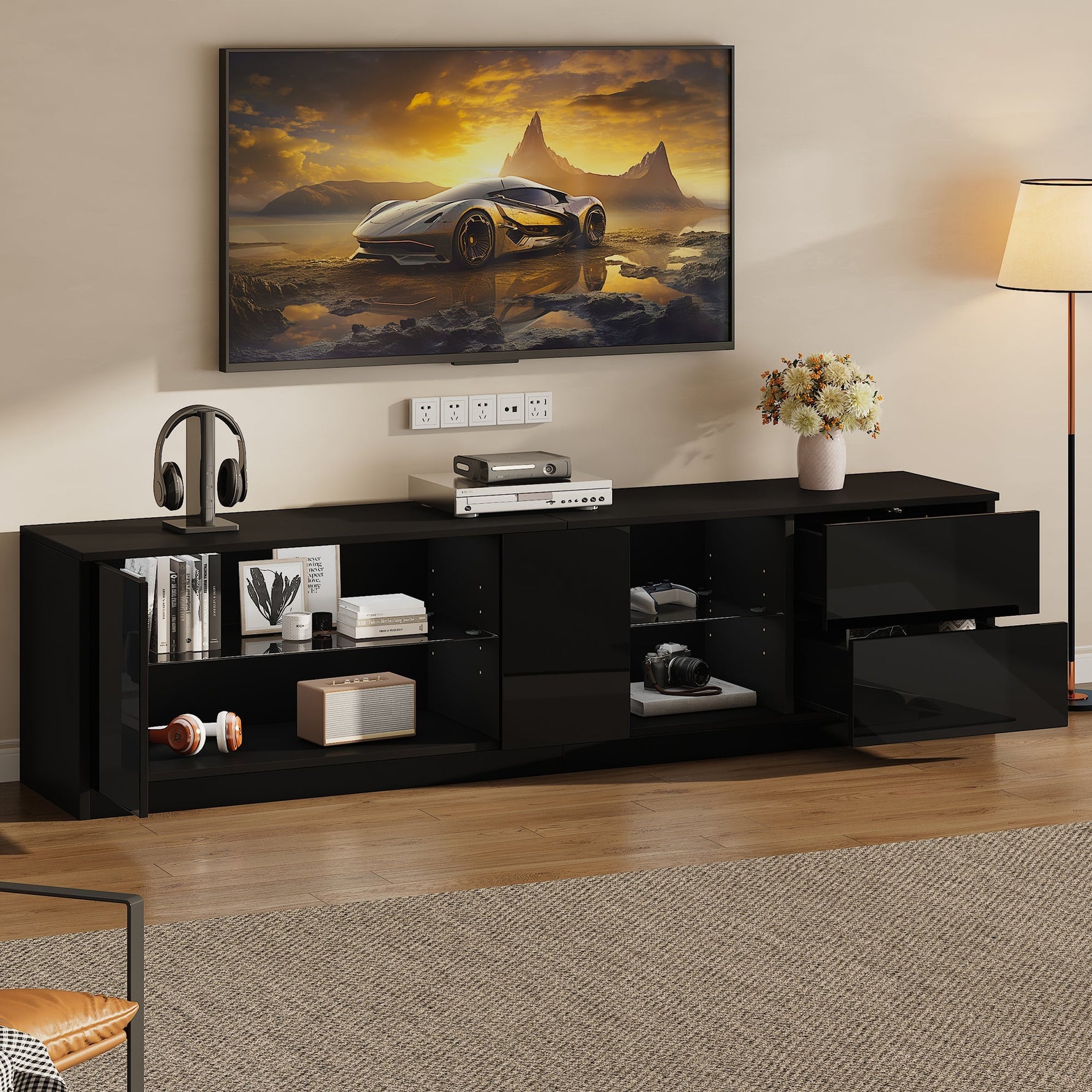 Lowboard TV Stand High-Gloss with LED Lighting 160cm for 65" TV Black