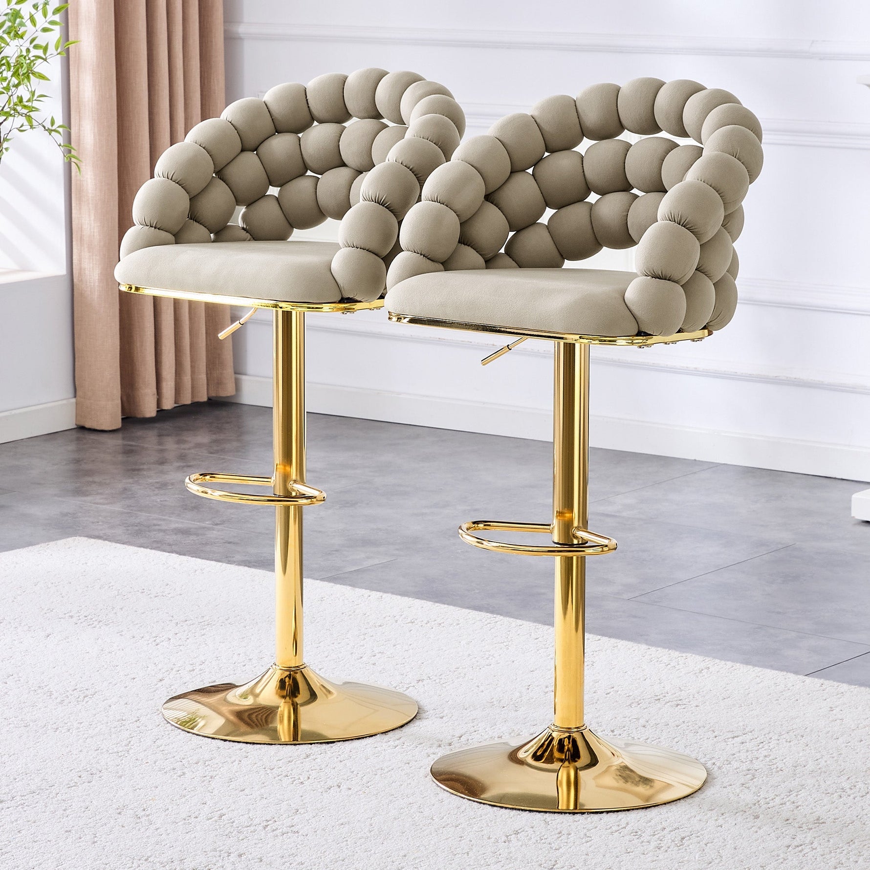 Bar Stools Set of 2 Ball Chain Backrest Adjustable Height Grey Velvet