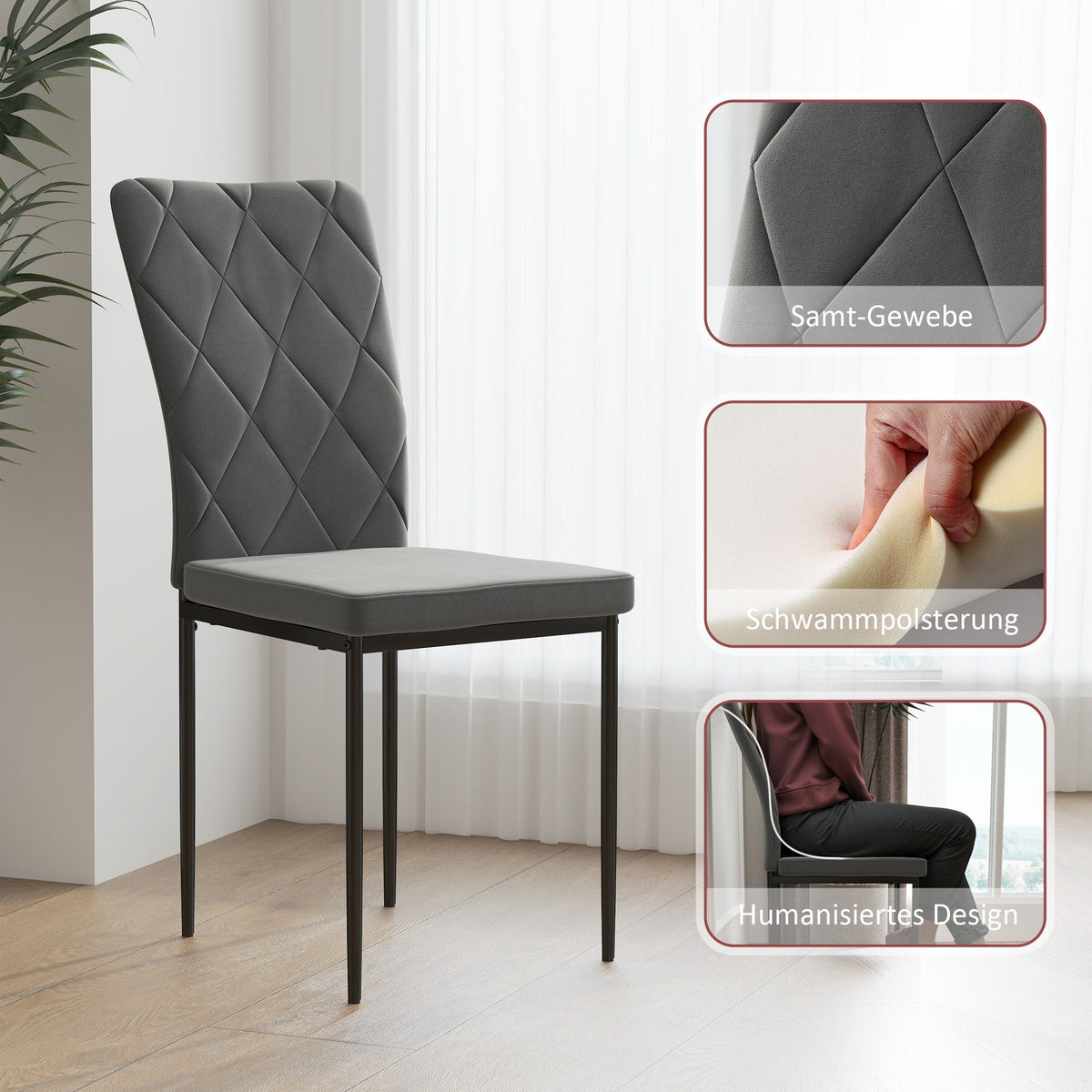 Dining Chairs Set of 4 with Backrest, Metal Legs, Dark Grey Velvet