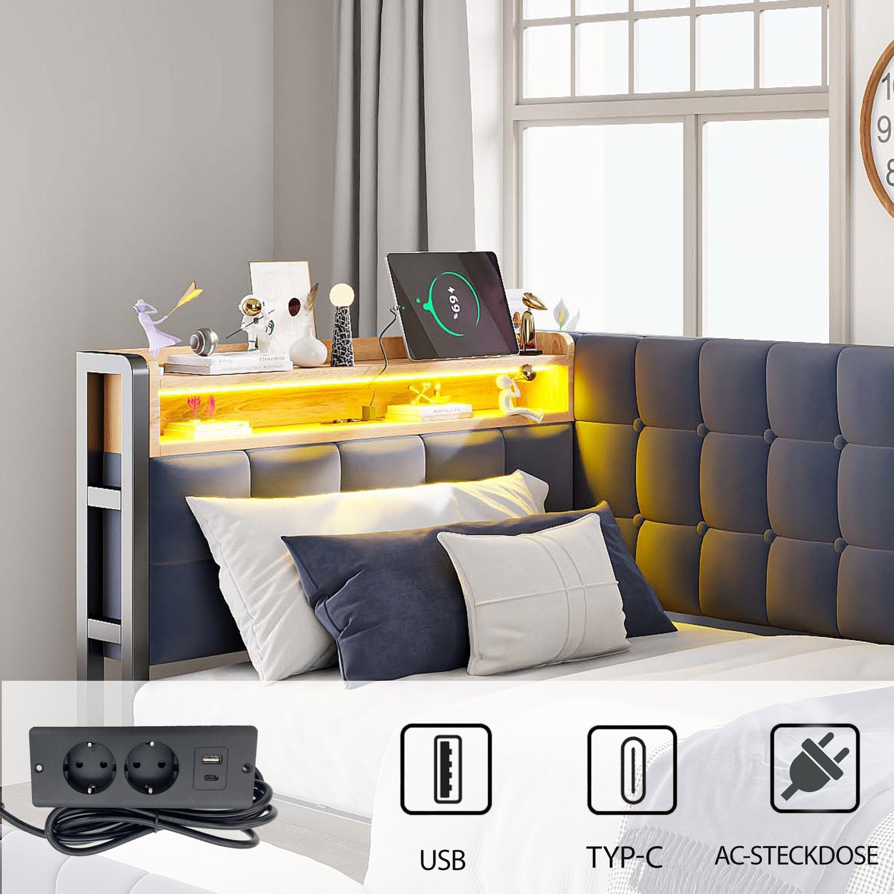 Upholstered Sofa Bed 90x200 Multifunctional LED USB/Type-C Drawers Grey