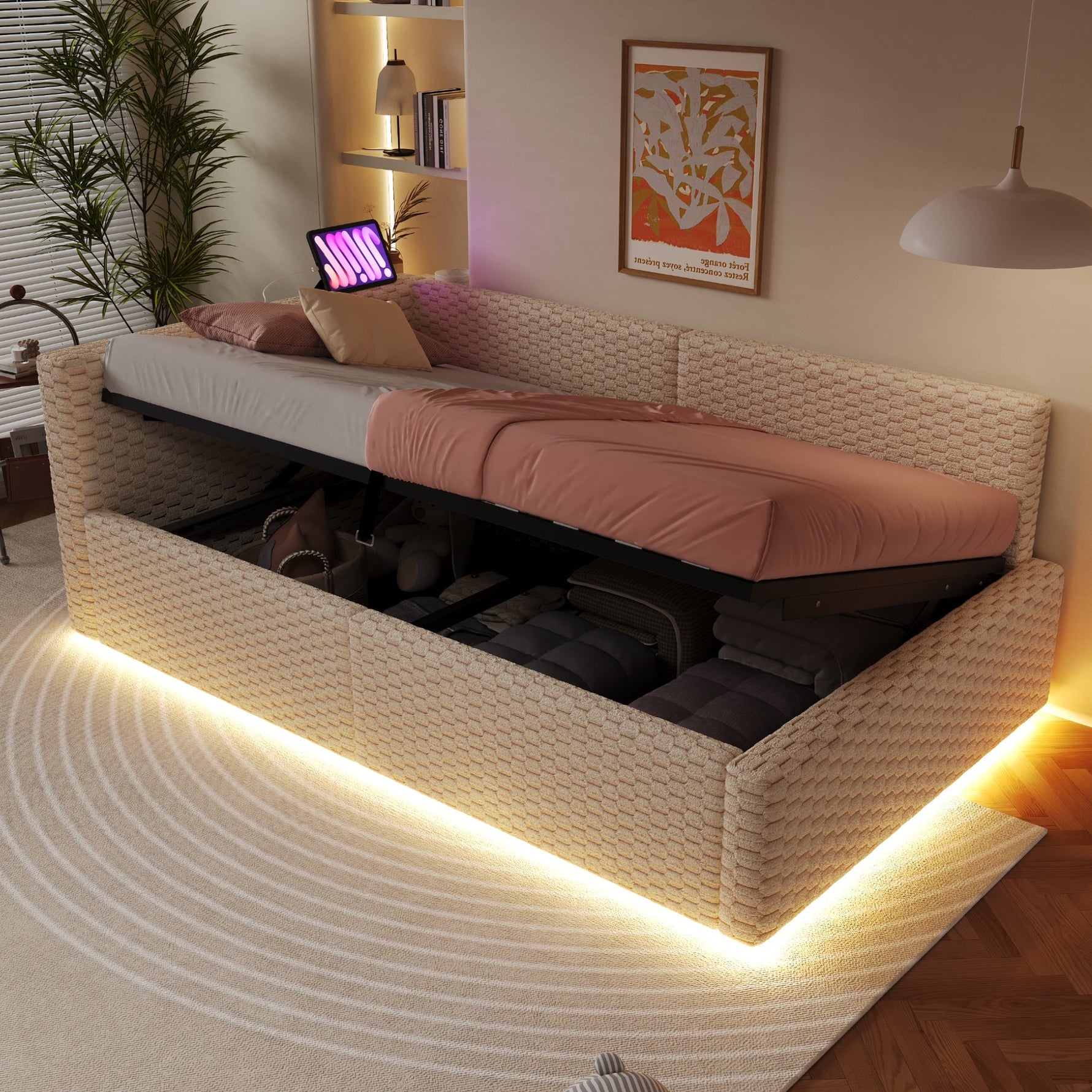 Upholstered Bed 90x200cm with LED Lighting, USB Ports and Hydraulic Storage, Beige Velvet