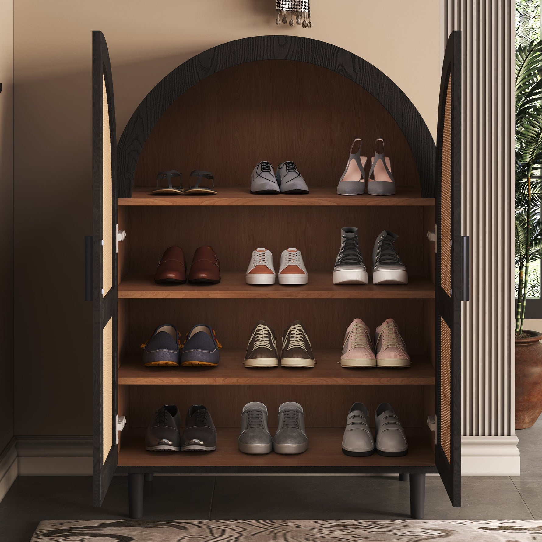 Elegant Sideboard/Shoe Cabinet, Rounded Exterior, Rattan Doors, 3 Shelves