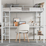 Loft Bed with Desk and Bookshelf, 90x200cm Metal Frame, White