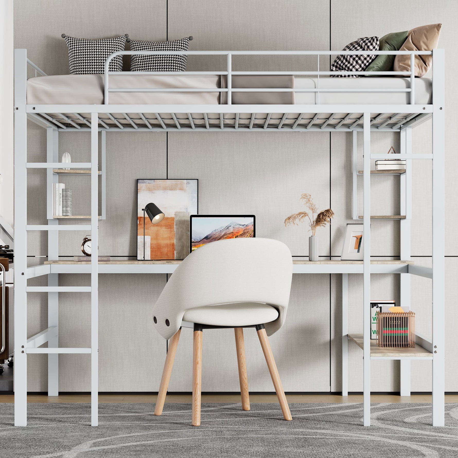 Loft Bed with Desk and Bookshelf, 90x200cm Metal Frame, White