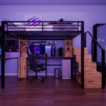 Metal Loft Bed 140x200cm with Desk & Wardrobe, Black