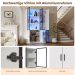 Glass Display Cabinet with LED Lights and 10 Storage Compartments, White and Glass