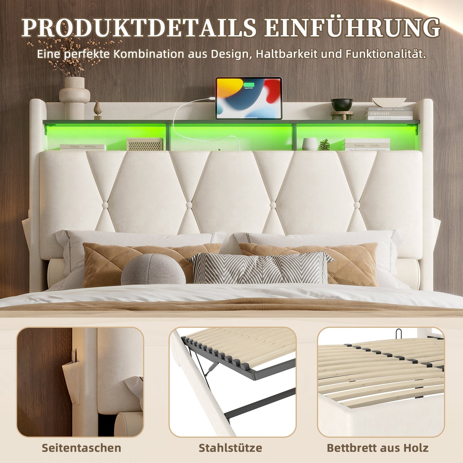 Upholstered Bed Frame, LED Lighting, USB-C Charging, Storage, Beige