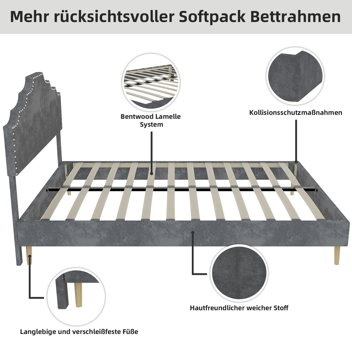 Modern Minimalist Soft Bed with Comfortable Headboard and Low Box Frame 160x200cm, Gray