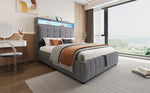Upholstered Bed 140x200cm, LED & USB, Hydraulic Storage, Linen Fabric Gray