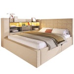 Upholstered Double Bed with LED Lighting, Hydraulic Storage and L-Shaped Headboard, Beige Linen Fabric