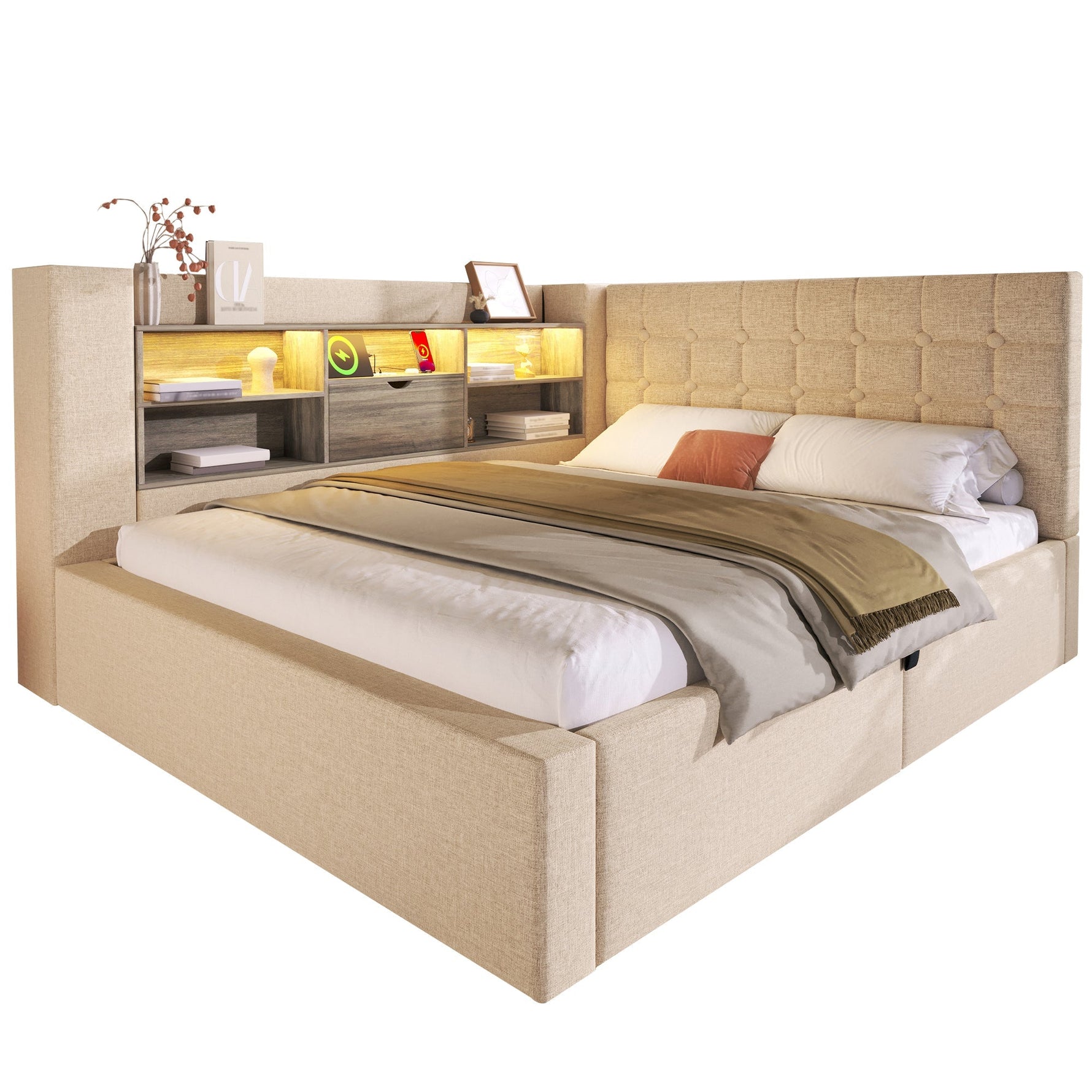 Upholstered Double Bed with LED Lighting, Hydraulic Storage and L-Shaped Headboard, Beige Linen Fabric