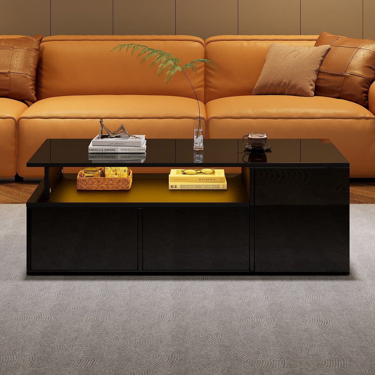 Coffee Table 100x50x35cm LED Lighting 2 Drawers 60kg Black