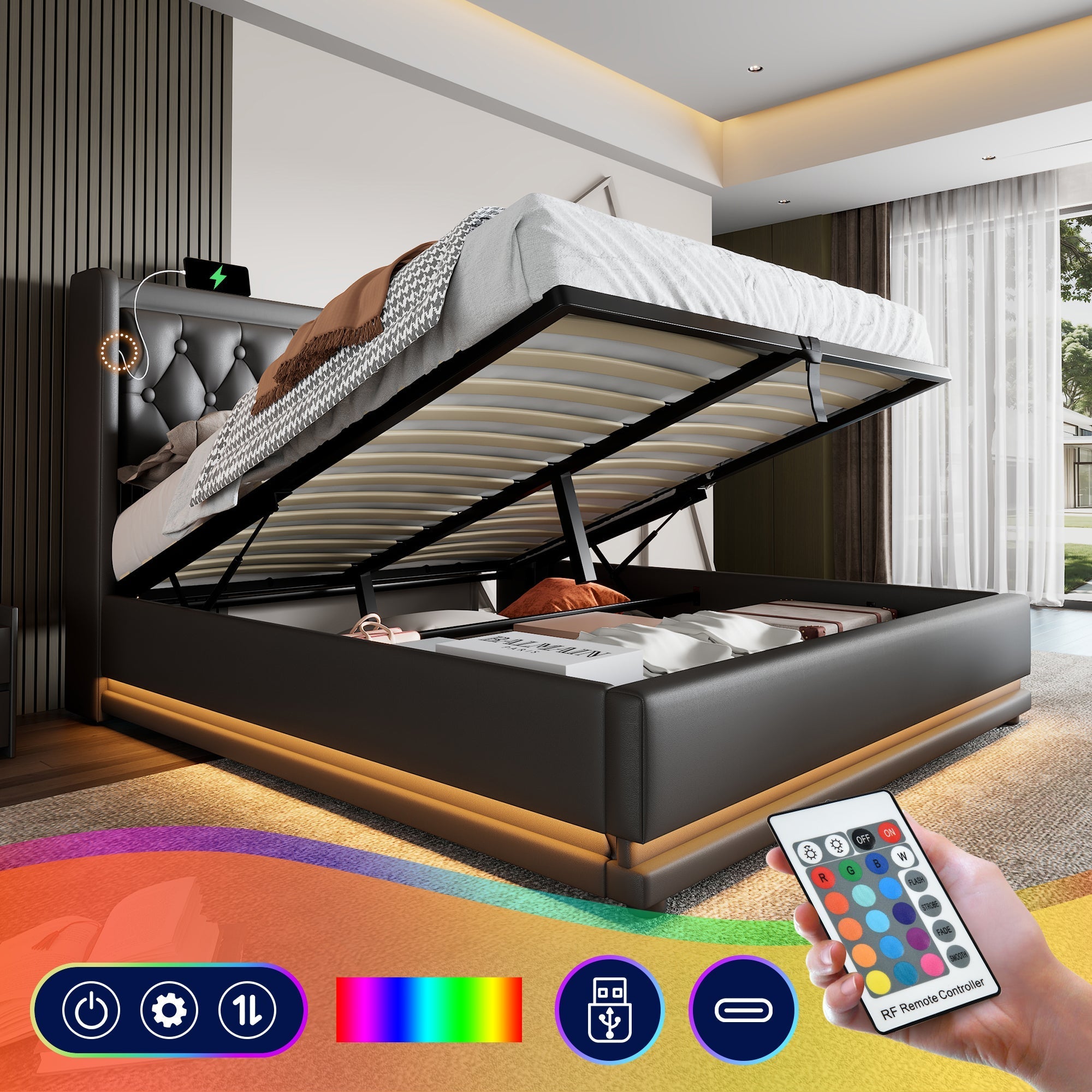 Upholstered Hydraulic Storage Bed with USB Type-C and 3-Sided LED, 180x200cm, Black PU