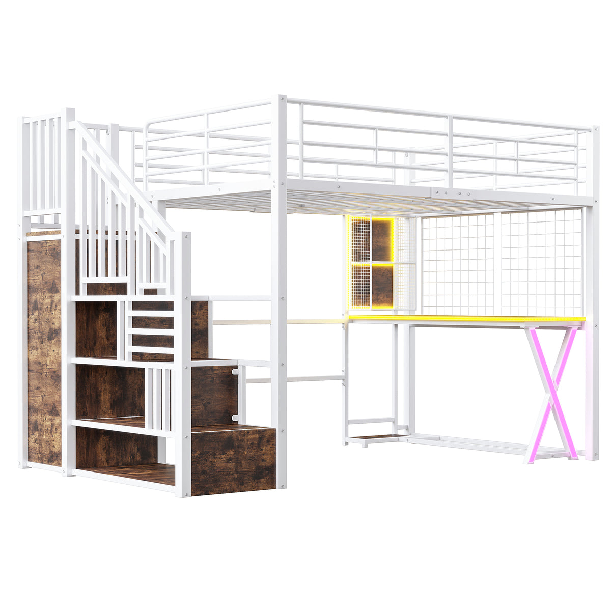 Loft Bed 140x200cm with Desk, Wardrobe & LED Lights, White