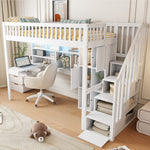 Loft Bed with LED Lights, Desk, Shelves and Storage Ladder, White Pine Wood and MDF