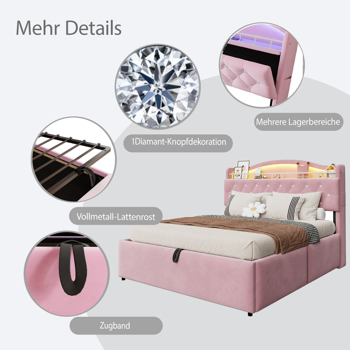 Upholstered Bed 140x200 cm with Storage & LED, Pink Velvet