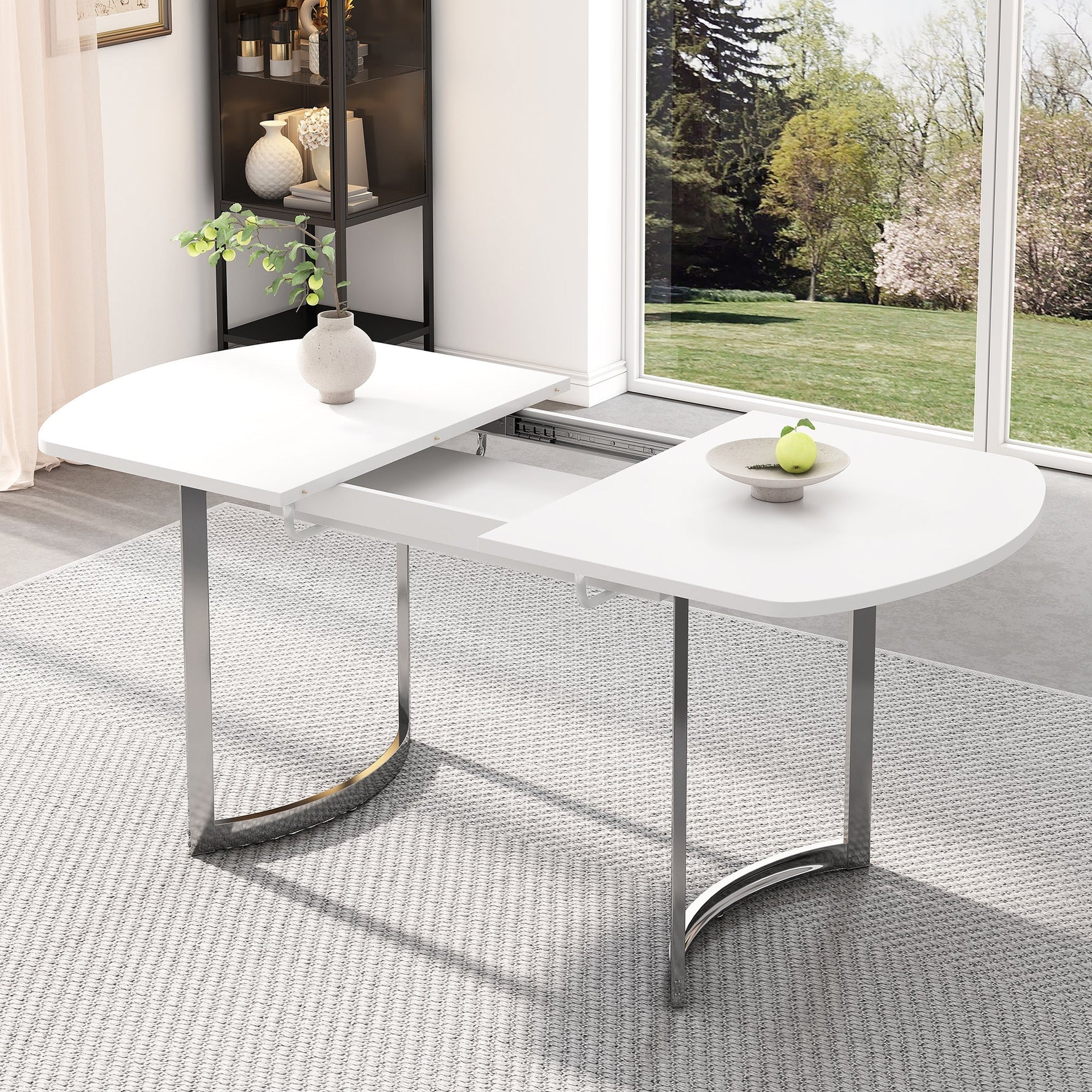 Extendable Dining Table 140/180x80cm 4-6 Seater Modern Silver Metal Legs - White