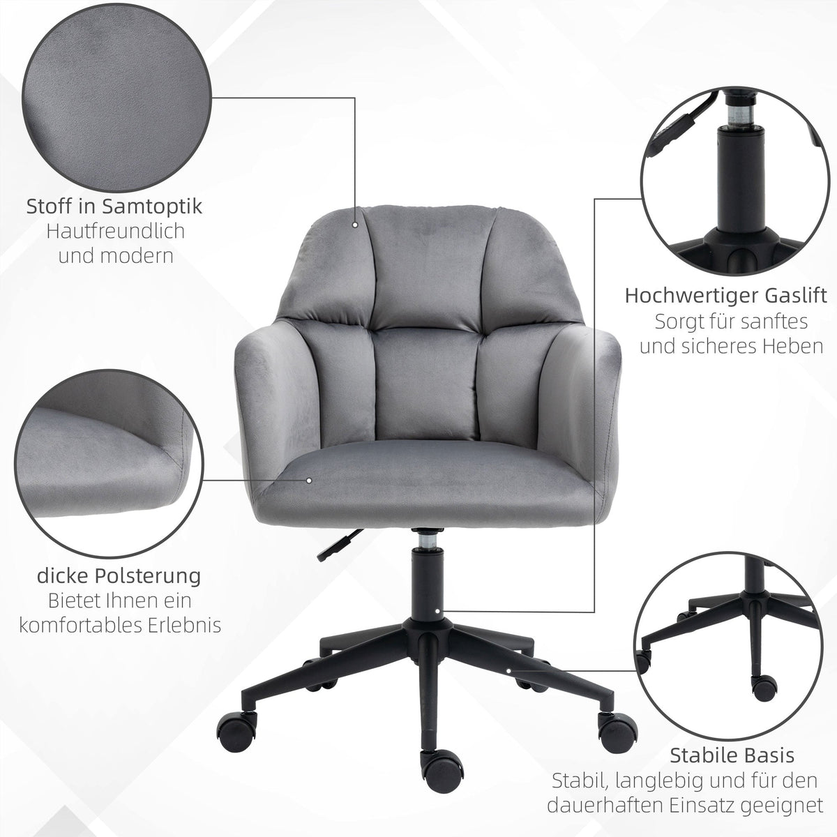 Office Chair, Modern Swivel Height Adjustable Armrest, Velvet Gray