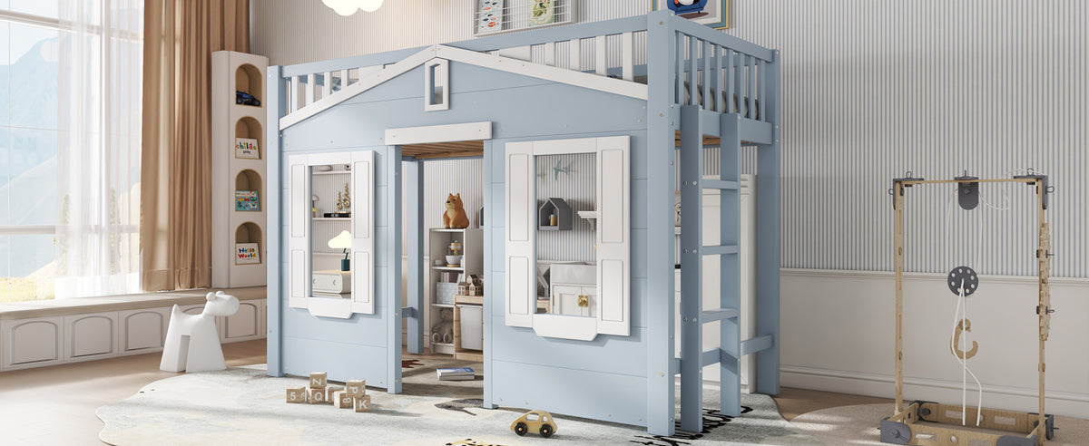 Children's Loft Bed 90x200cm with Ladder & Window, Blue Wood