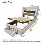 Upholstered Bed 90x200 cm with Hydraulic Storage, LED Lighting and USB Charging, Beige Linen