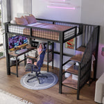 Loft Bed 90*200cm with Desk, Wardrobe and Storage Shelves, Black Iron and MDF