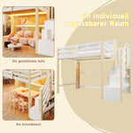Loft Bed 90x200cm with LED Lights & Storage Ladder, White+Natural