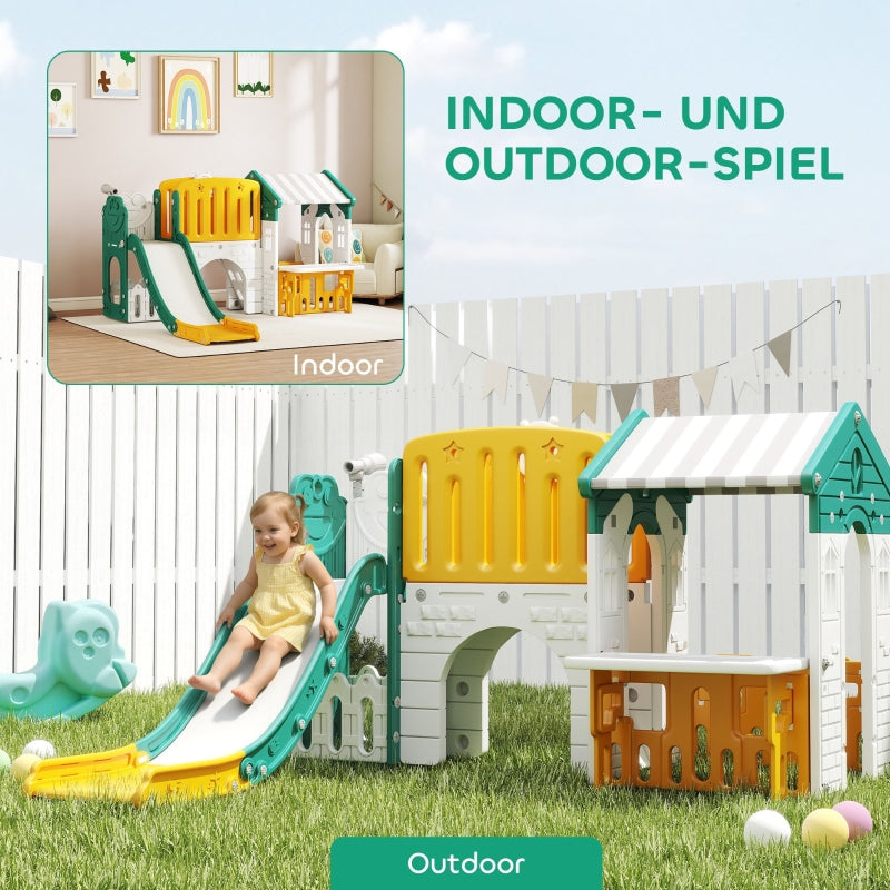 7-in-1 Children's Slide Indoor Playground with Climbing Frame and Playhouse, Yellow and Green Plastic