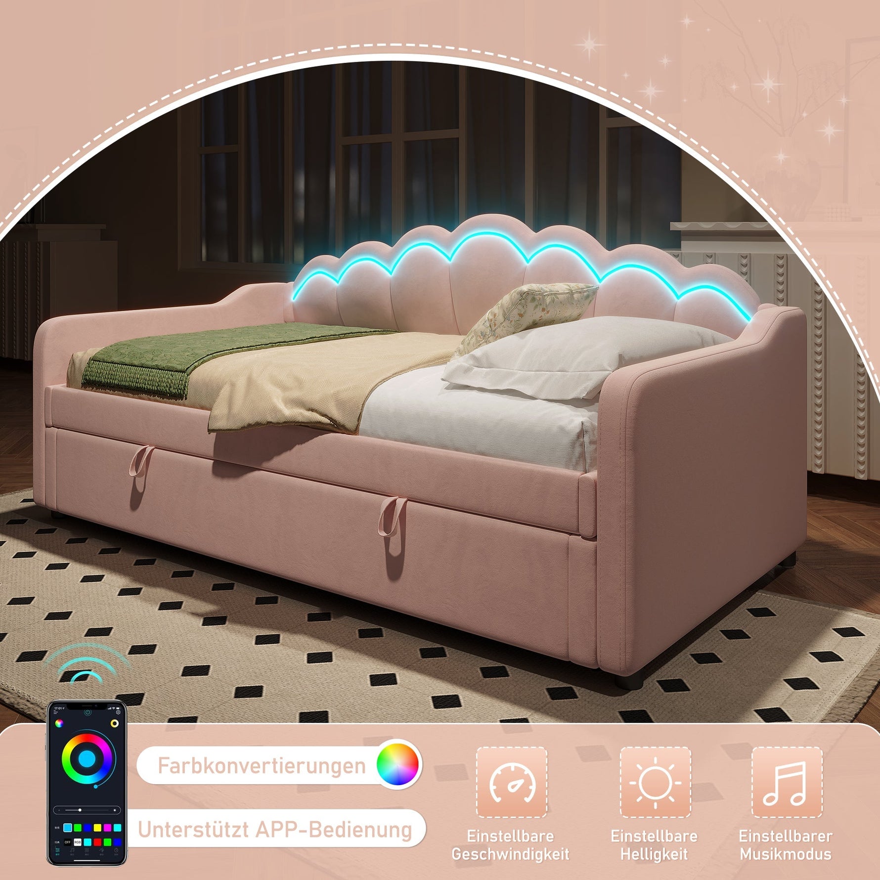 Daybed Sofa Bed 90x200cm Hydraulic Storage LED - Velvet Pink