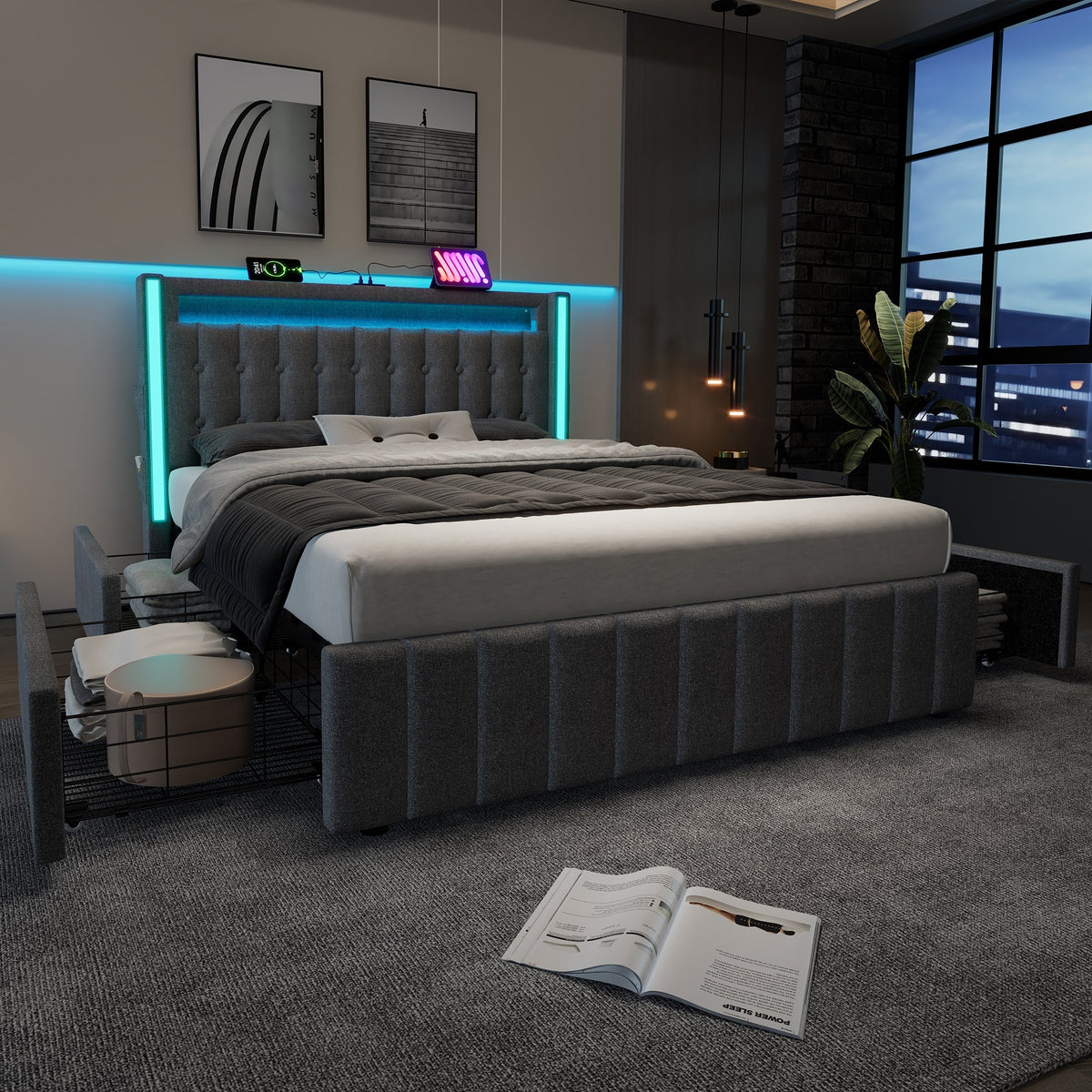 Upholstered Bed, USB C LED 4-Drawer, 160x200cm, Wood Frame, Gray