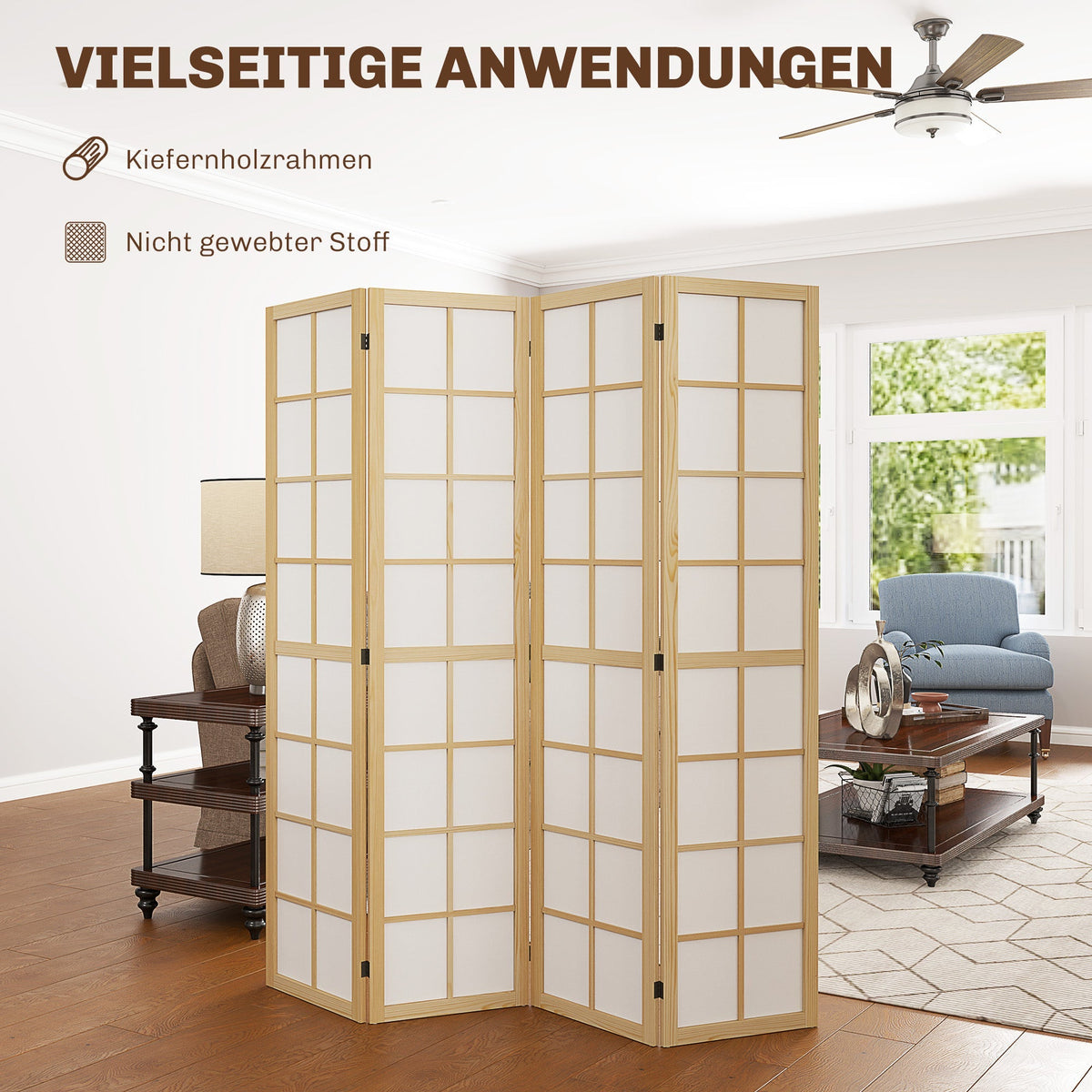 Folding Screen 4-part 160 x 170 cm Room Divider Natural