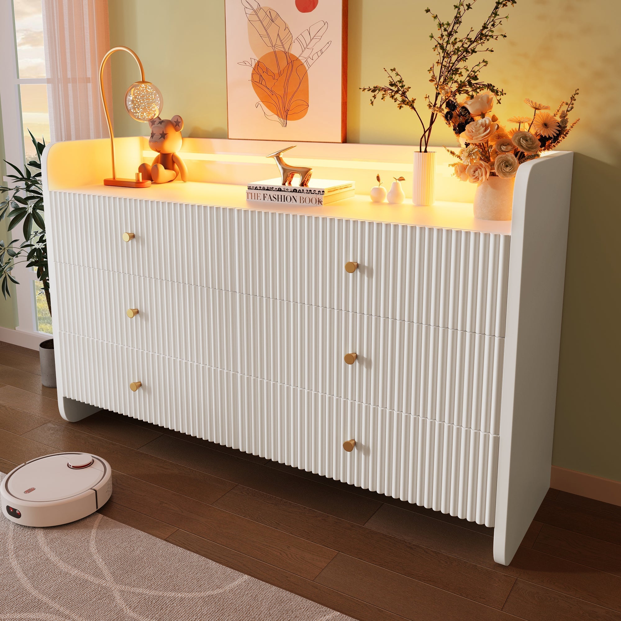 Sideboard, LED Lighting, 6 Drawers, Wave-Shaped Groove, White