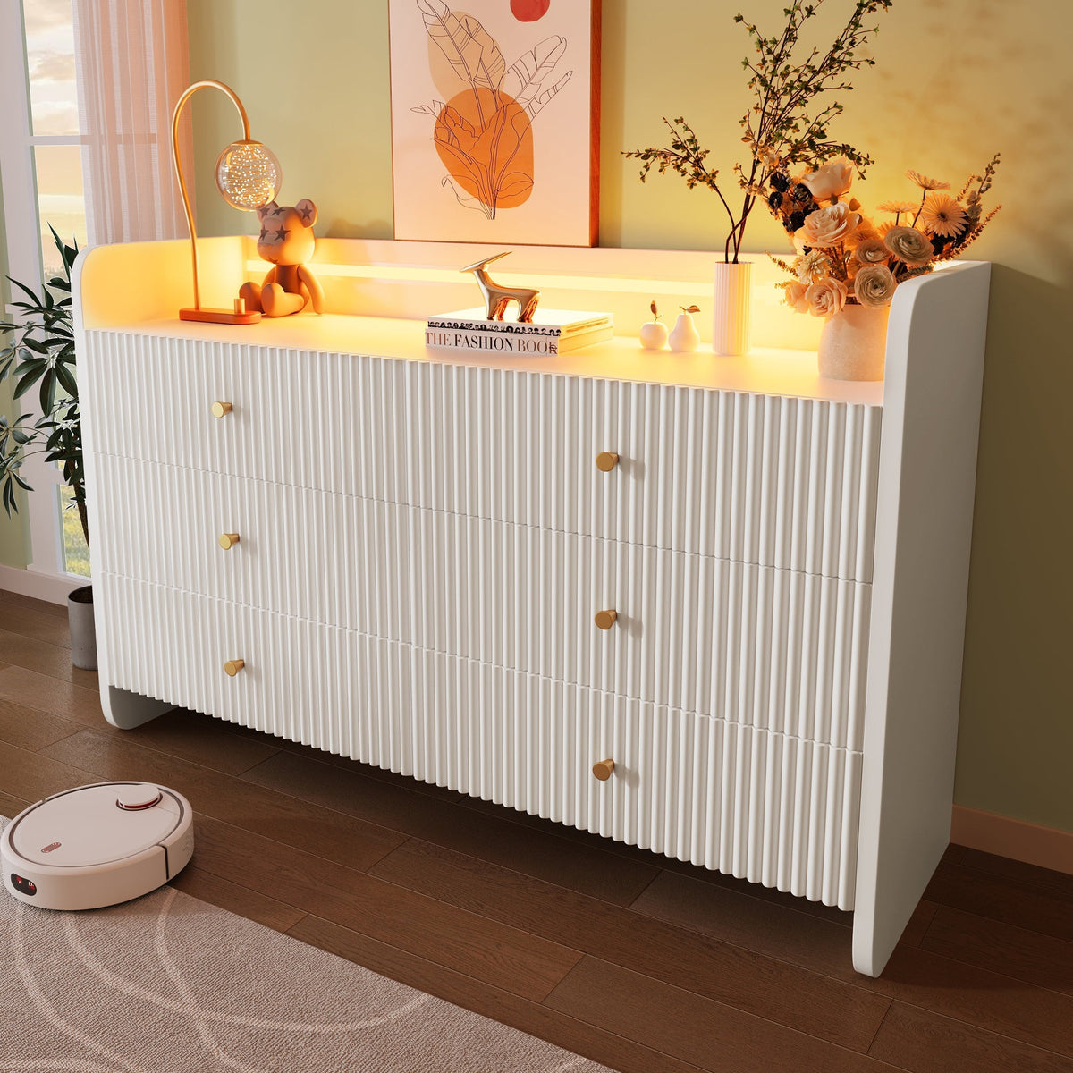 Sideboard, LED Lighting, 6 Drawers, Wave-Shaped Groove, White