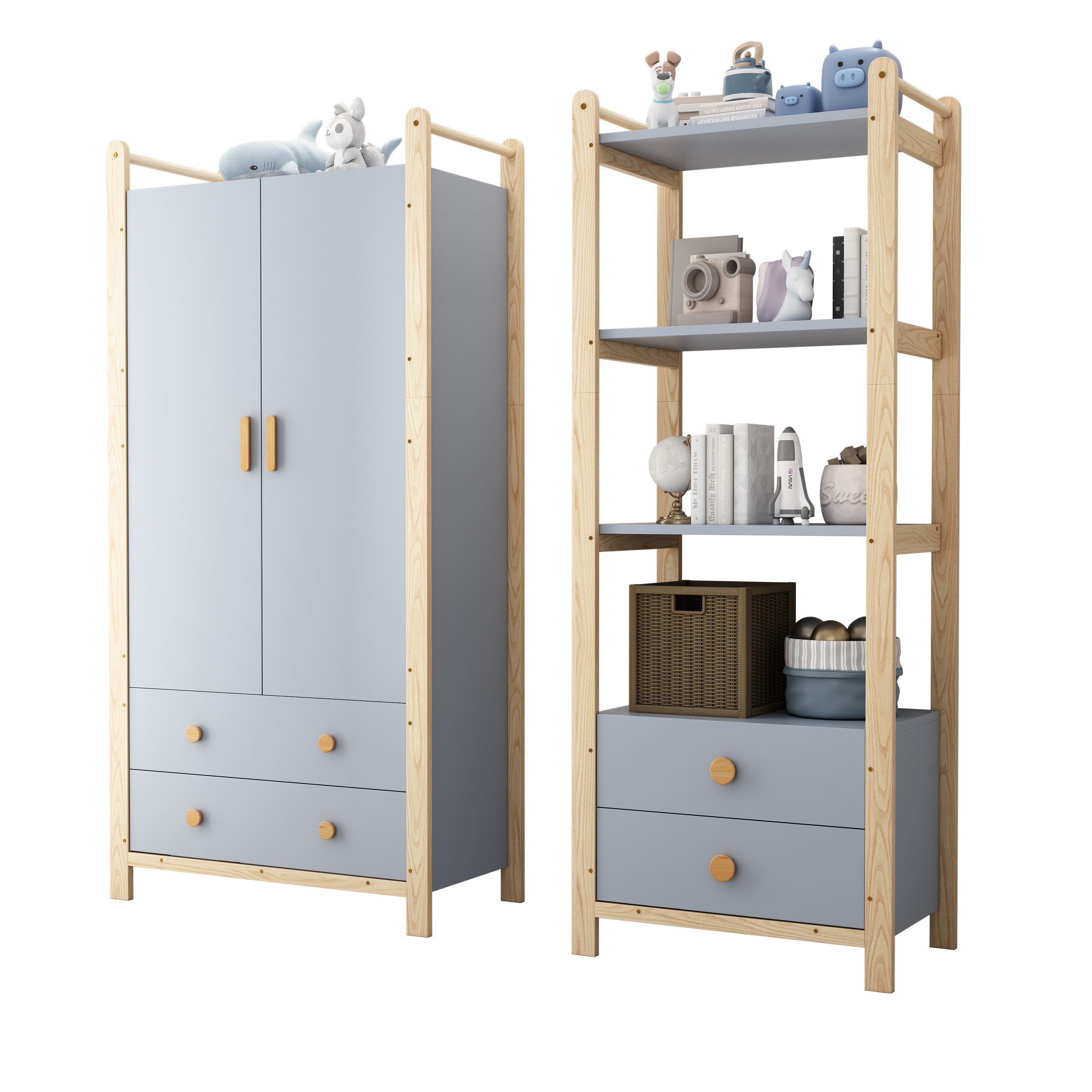 Double-Door Wardrobe Combination Set with Clothes Rail and Drawers, Spruce Wood, Blue/Natural Wood, 180cm