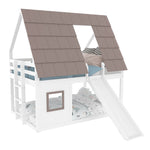 Wooden House Bunk Bed with Roof, Ladder and Slide, 140 x 200, White and Brown