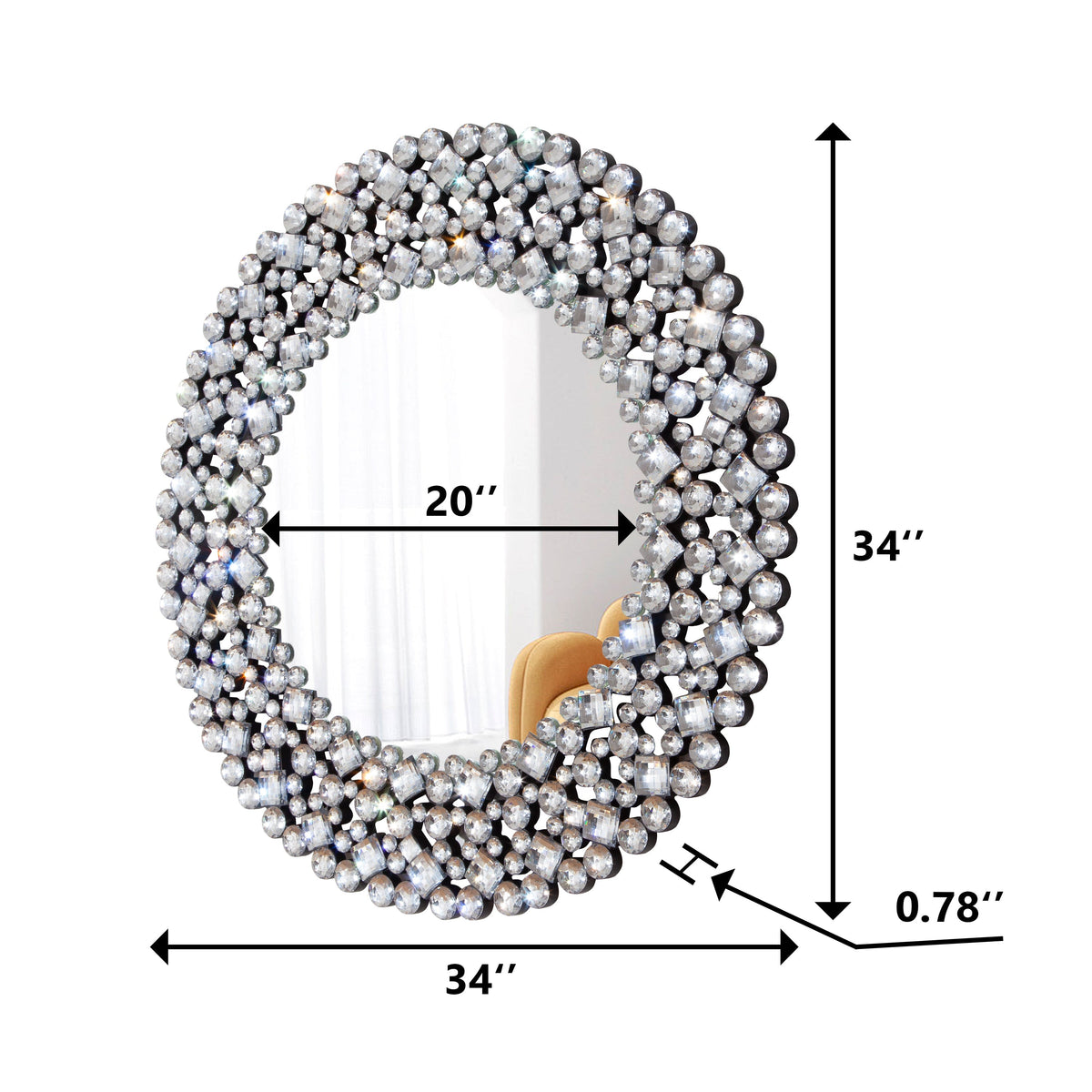 Wall Mirror, Round Crystal Accent 34 inch