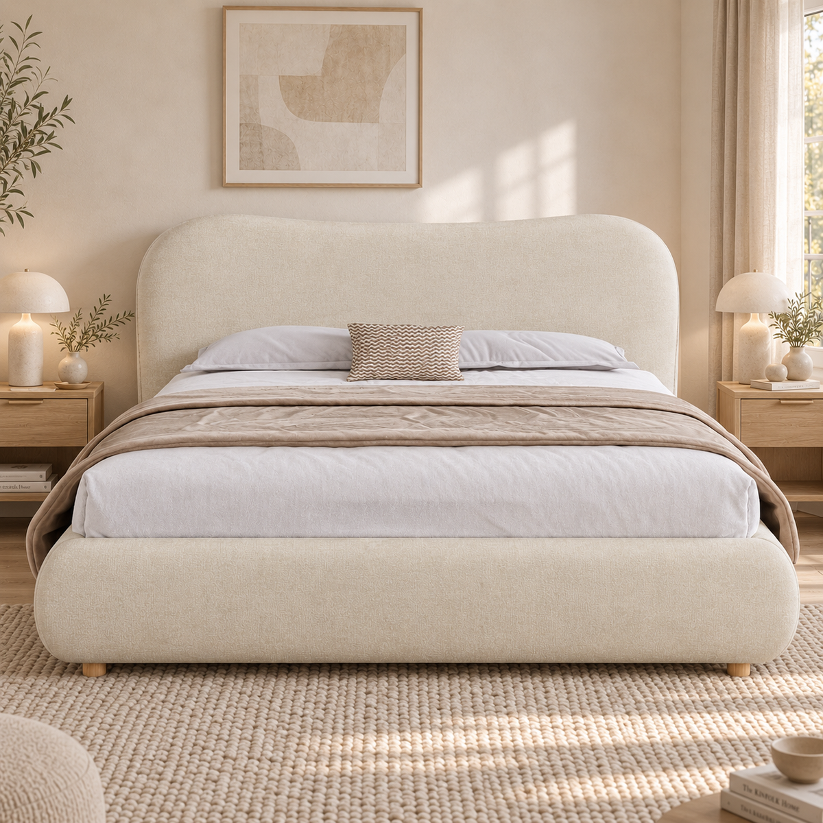 Upholstered Double Bed 160x200cm Hydraulic Storage, Beige Chenille